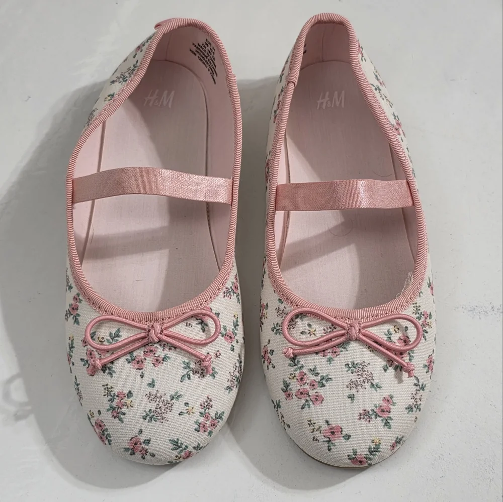 H&M Girls Pink Floral Flower Ballet Flats Shoes Size 13.5 NEW